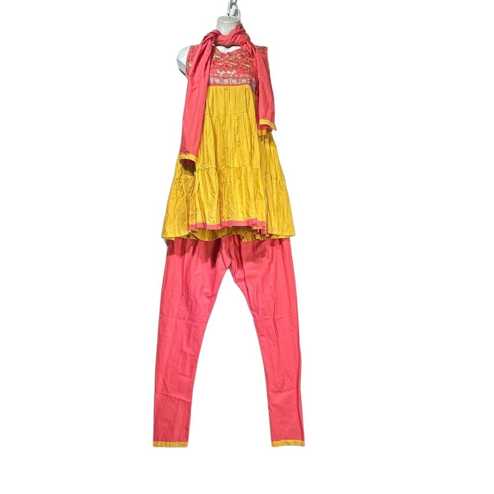 Nupur Women's Salwar Kmaeez Indian Ethnic Kurta Pant Set Yellow Pink Size 34